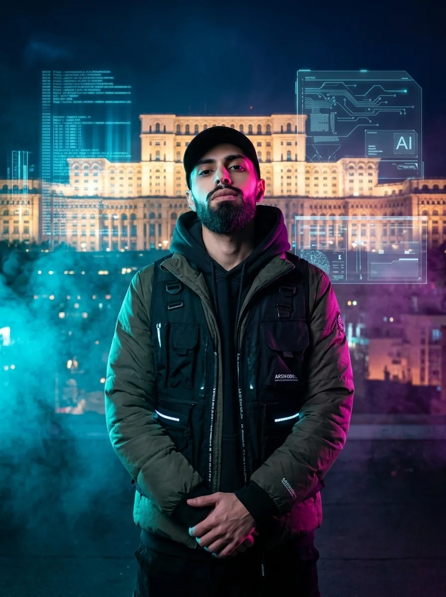 Portrait before the Palace of Parliament with holographic AI overlays