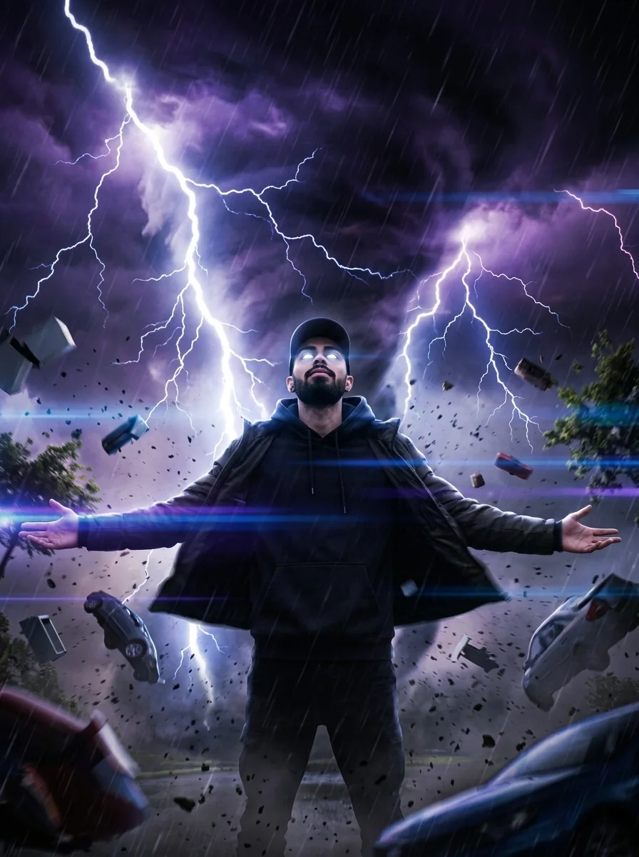 Portrait with glowing eyes summoning a lightning storm