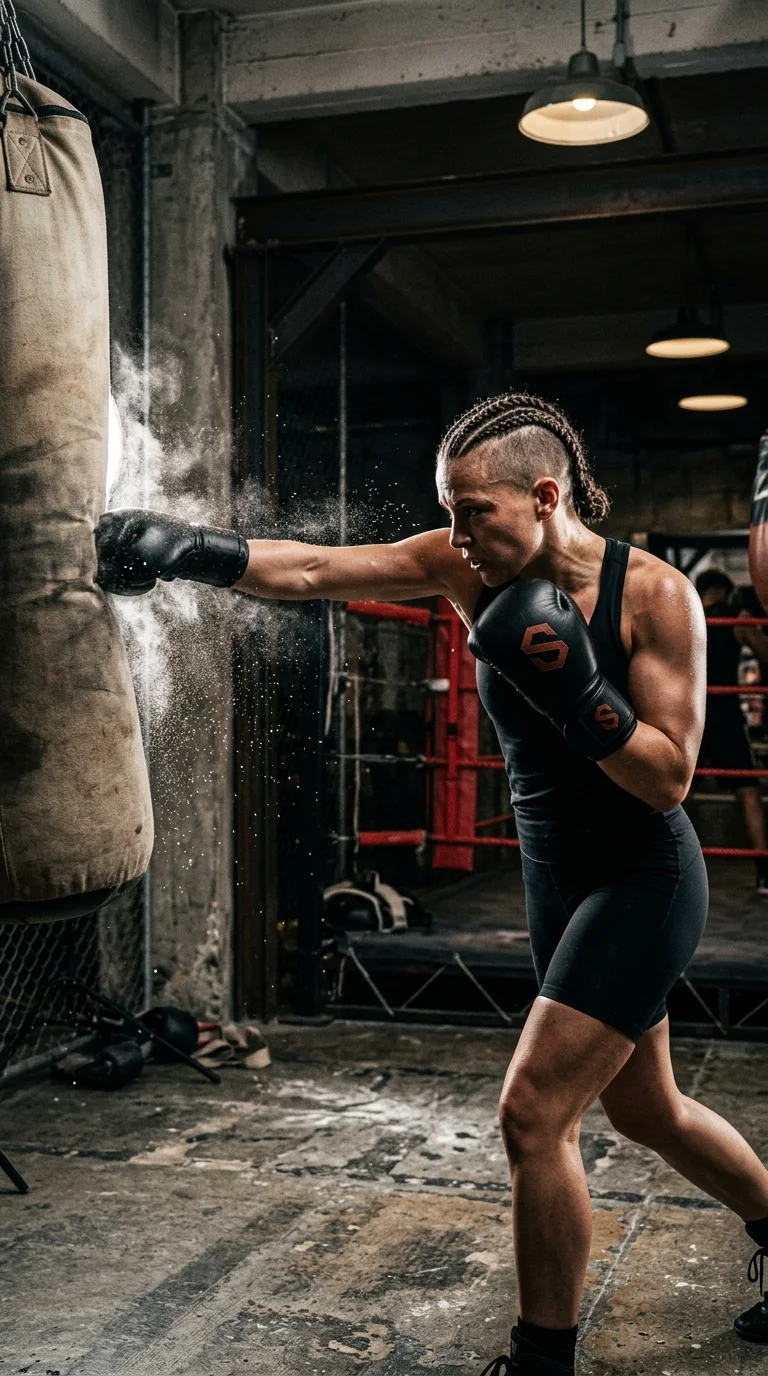 A female boxer striking a heavy bag, dust flying