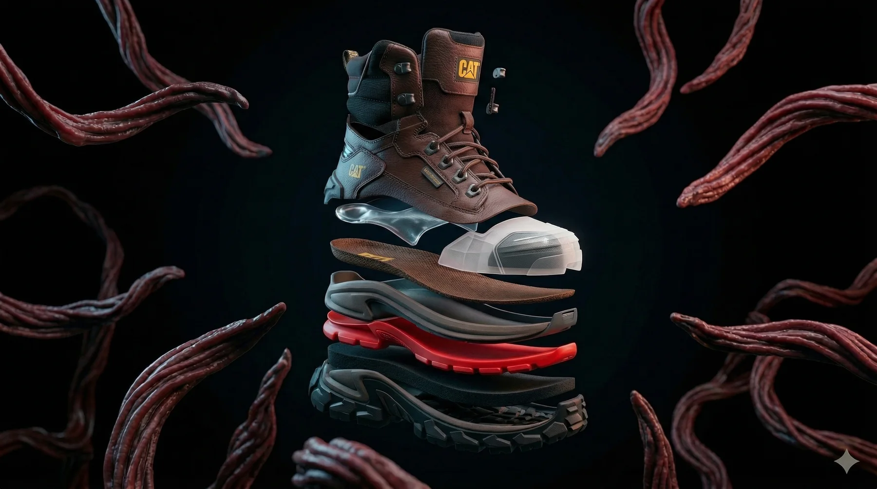A CAT boot floating above its exploded sole layers on black