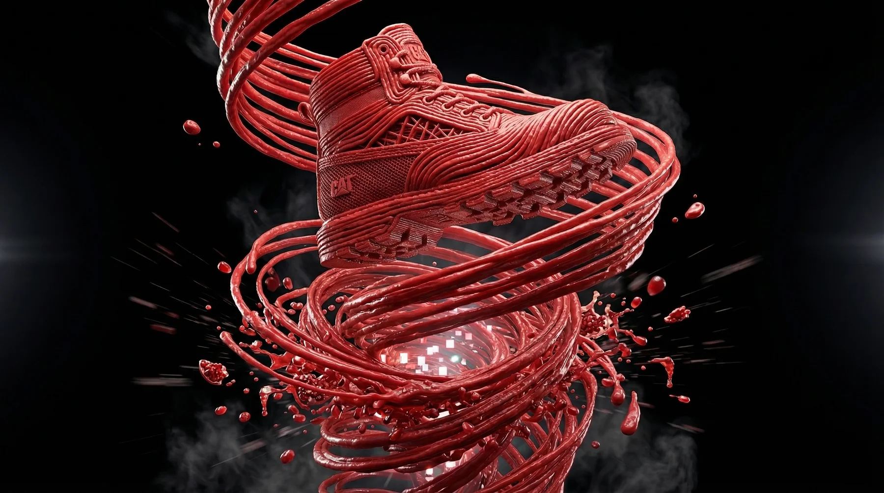 A red CAT boot formed from twisted rope