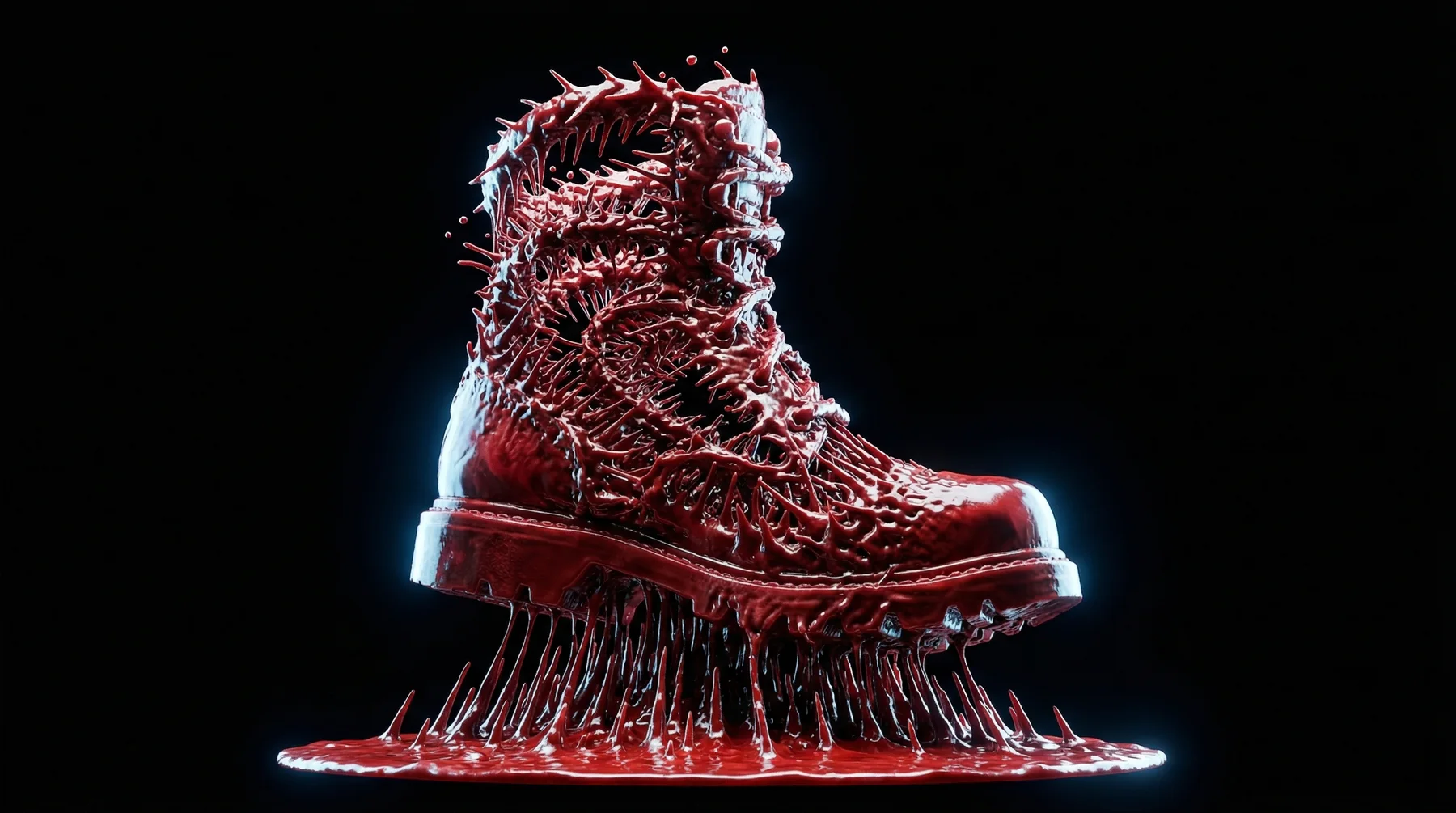 A glossy red CAT boot with spiked organic texture