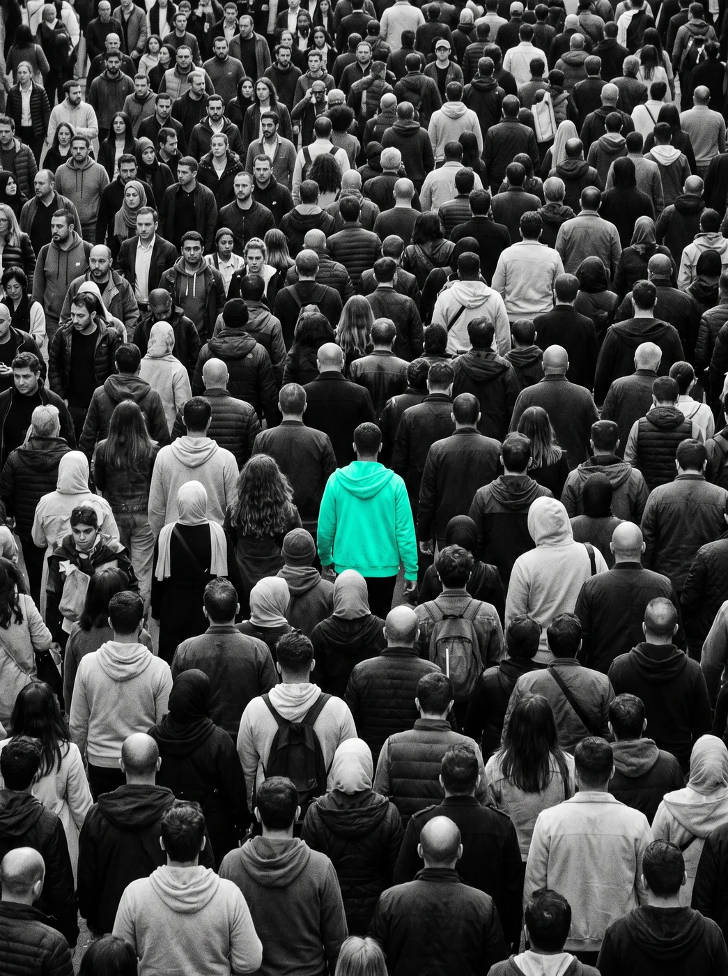 One figure in cyan-mint amid a black-and-white crowd