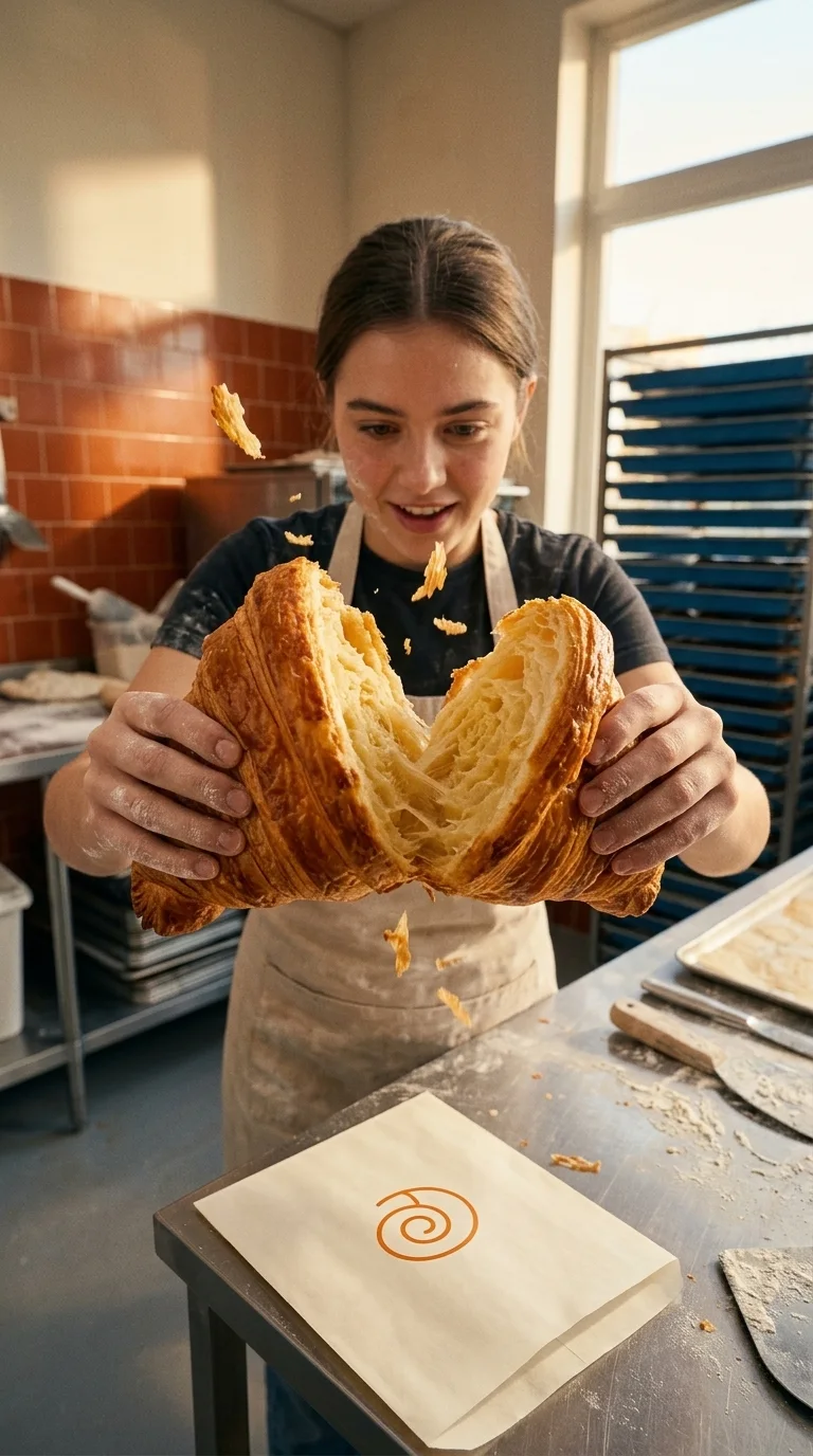 A baker pulling apart a fresh croissant