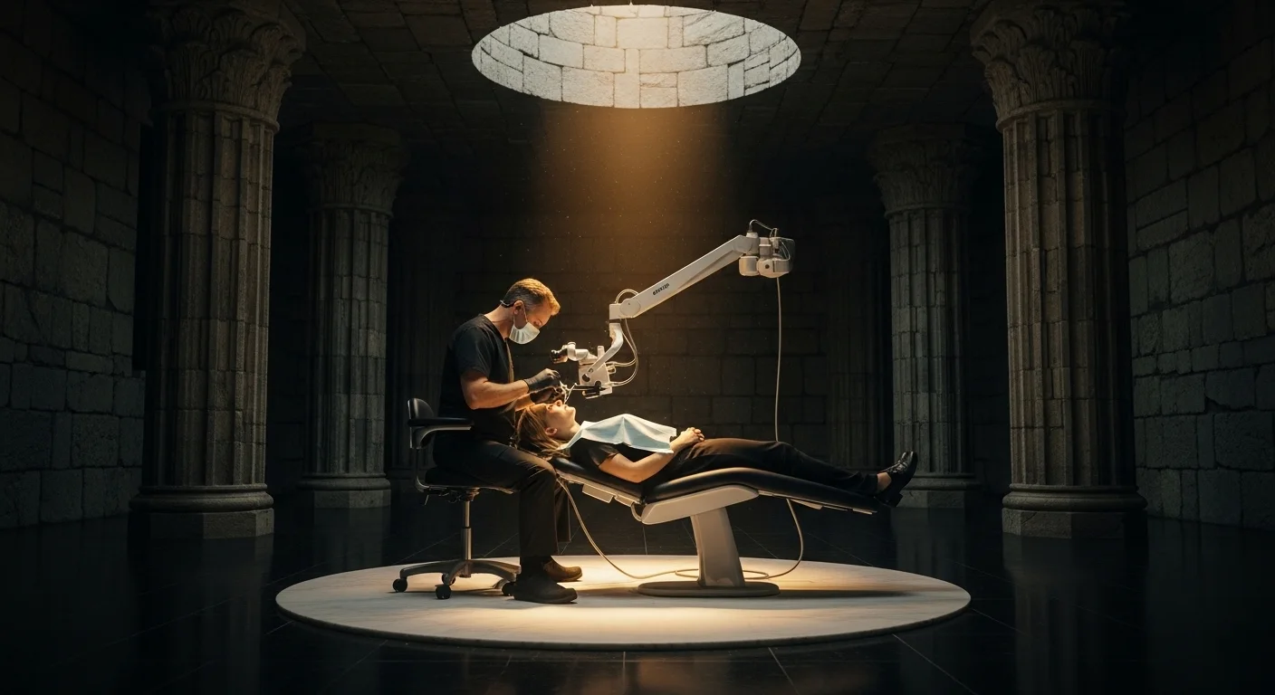 A dental chair lit by a single beam inside a stone cathedral