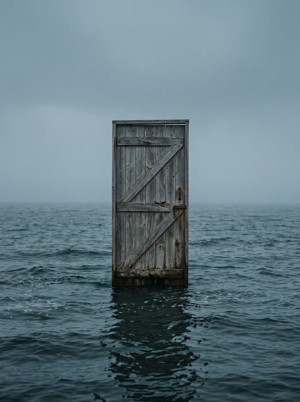 A weathered wooden door standing alone in open ocean
