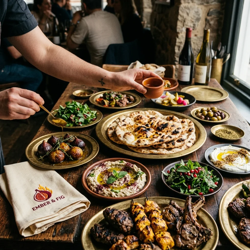 A table spread of Middle Eastern dishes at Ember & Fig