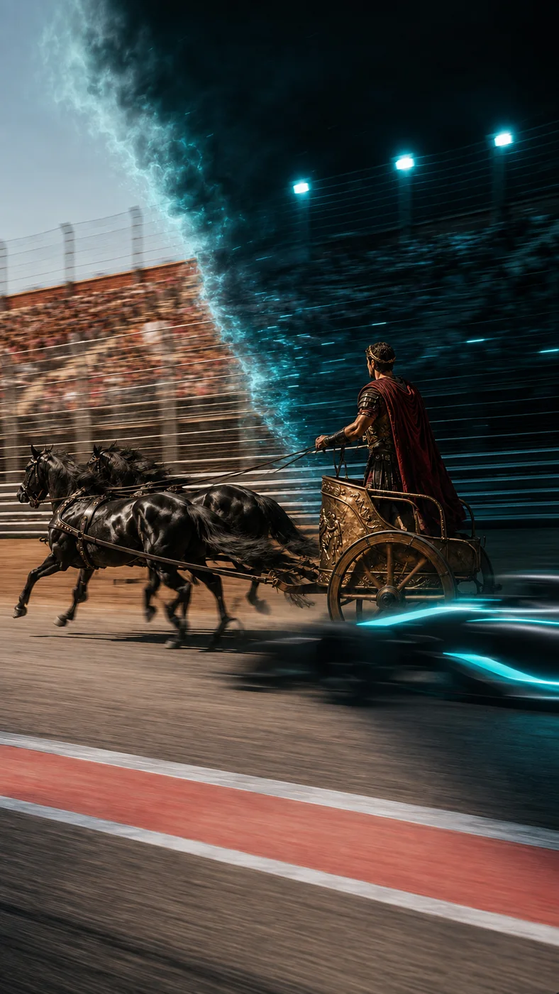 A Roman chariot mid-transition into an F1 car on a race track
