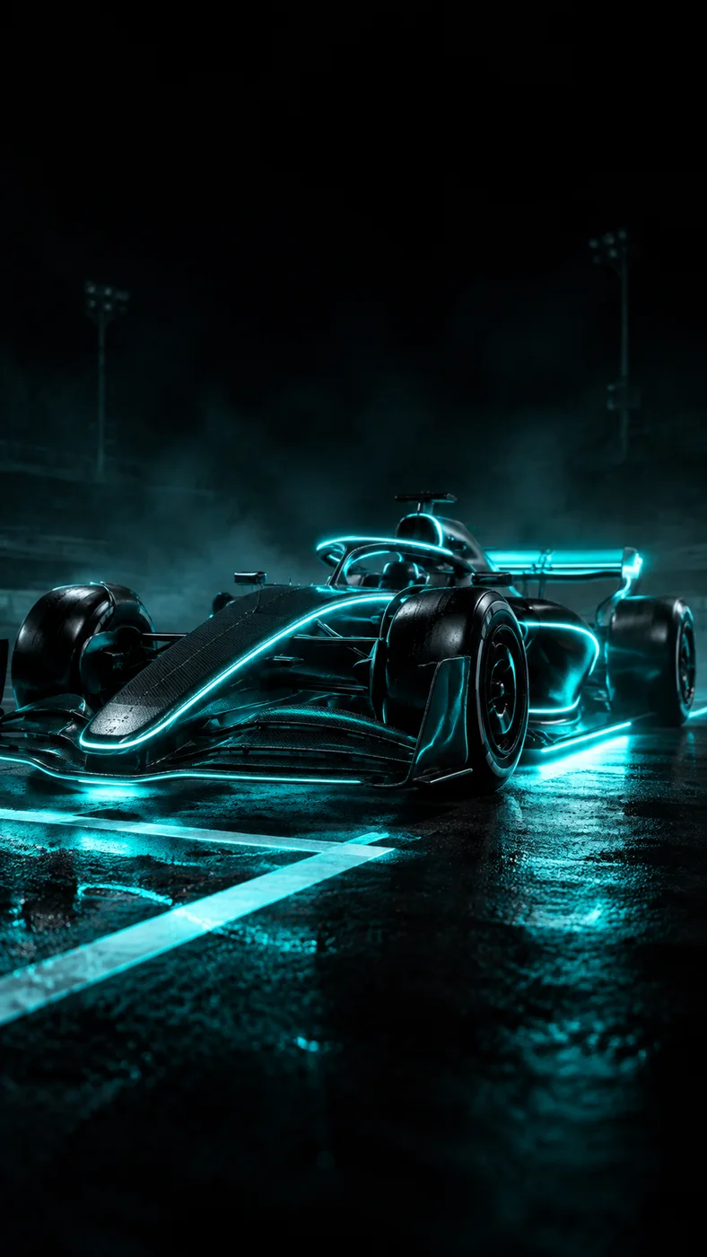 A black F1 car glowing cyan on a wet night track