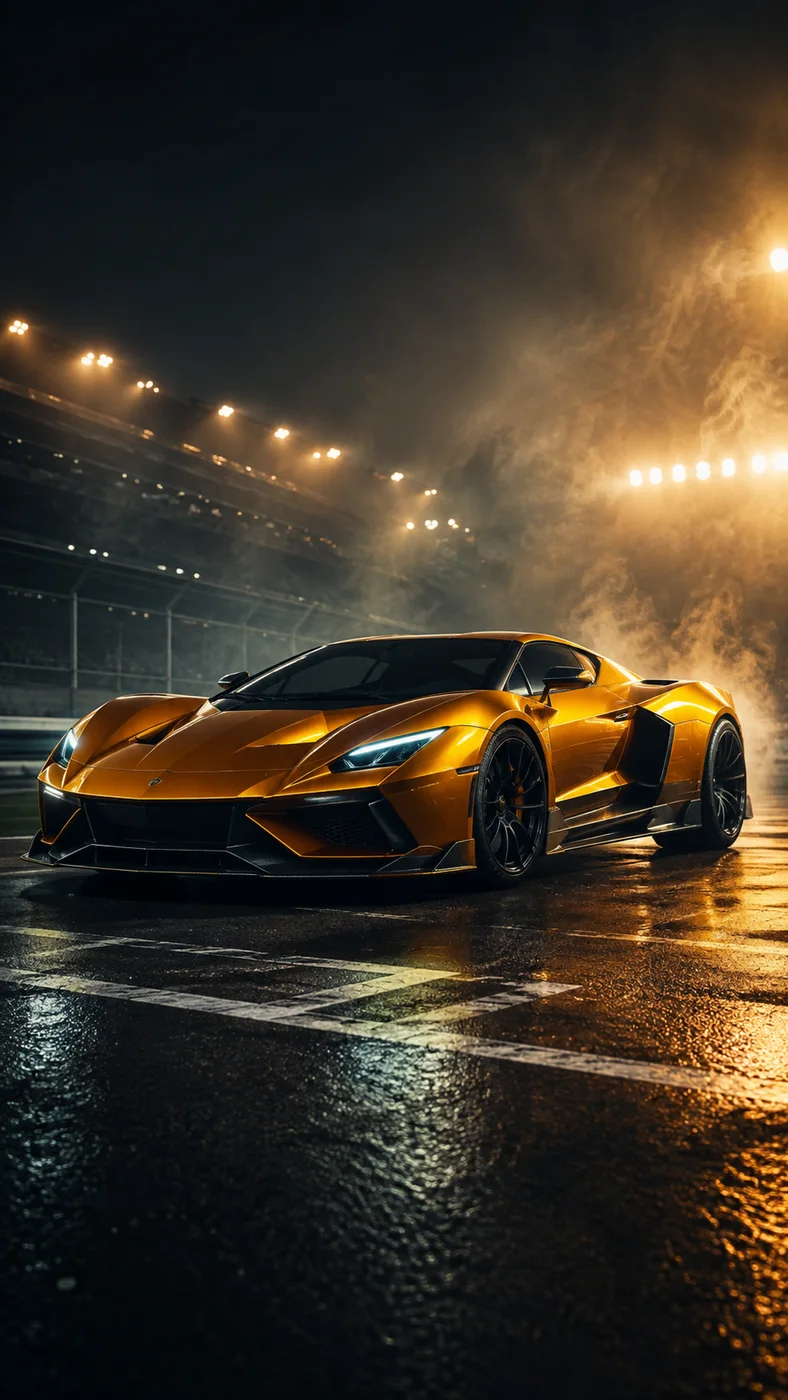 A gold hypercar on a smoky night track
