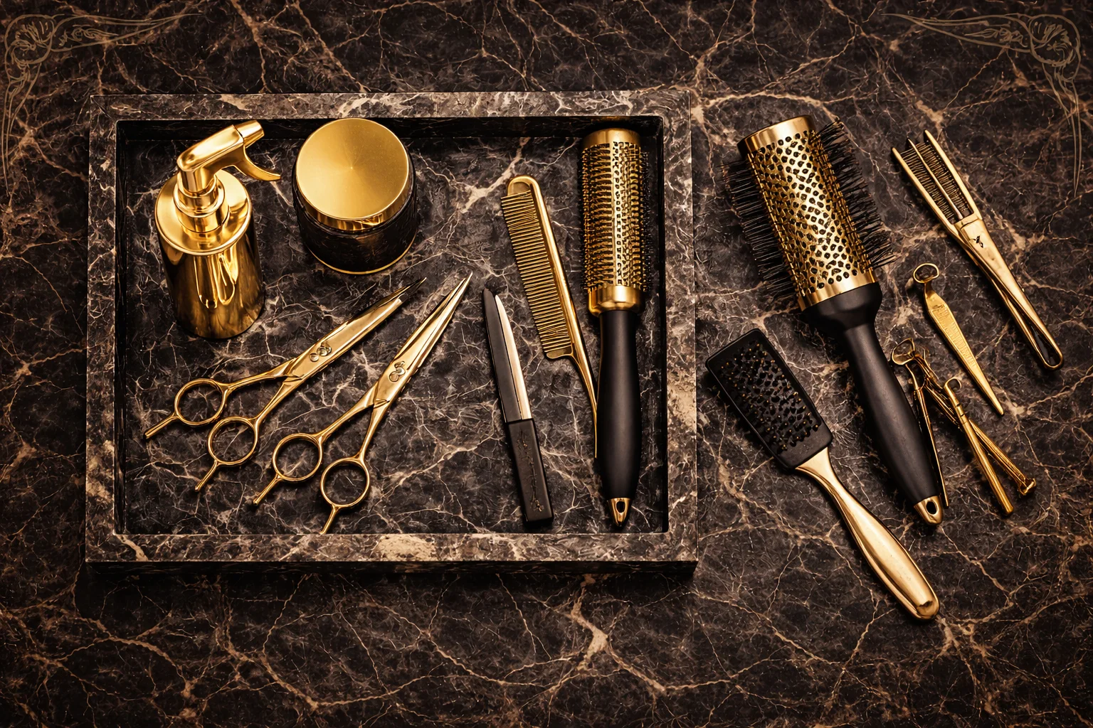 Gold salon tools flat-lay on dark marble