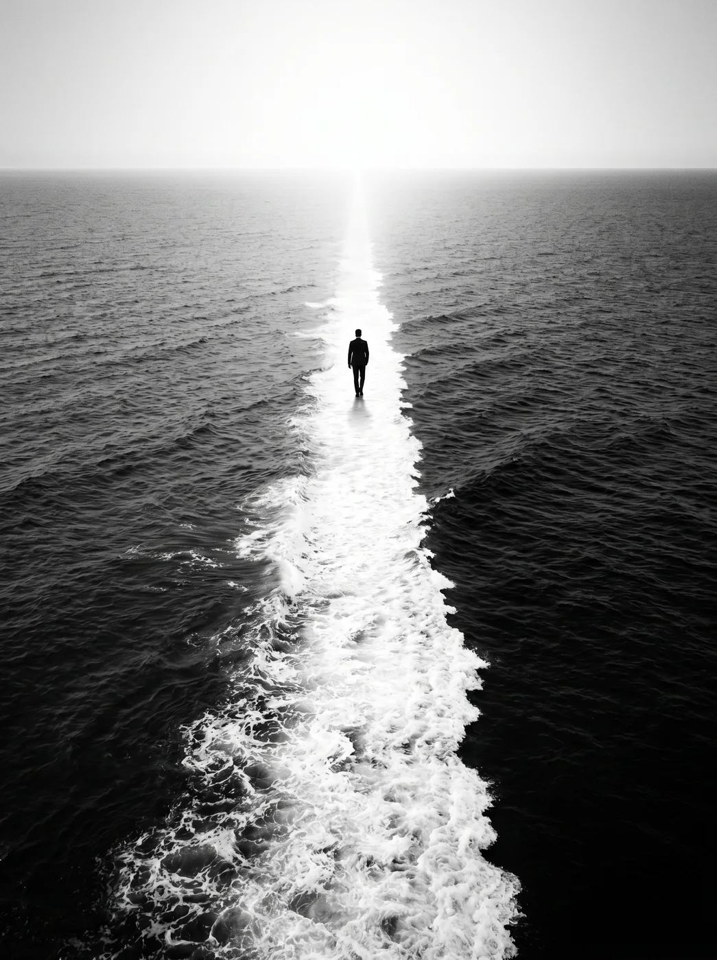 A silhouette walking a path of light across a black ocean