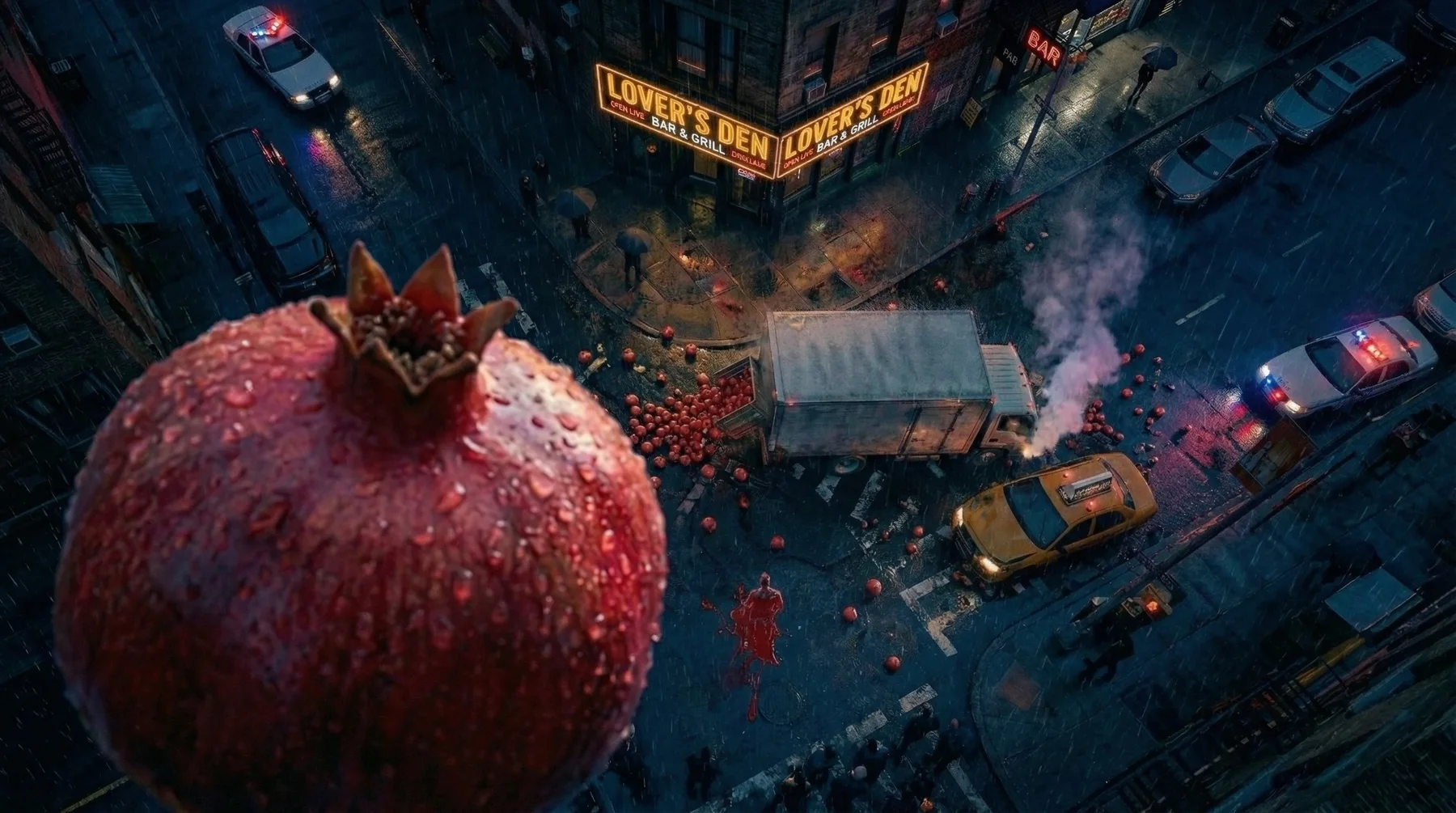 A giant pomegranate over a rain-soaked crime-noir city street