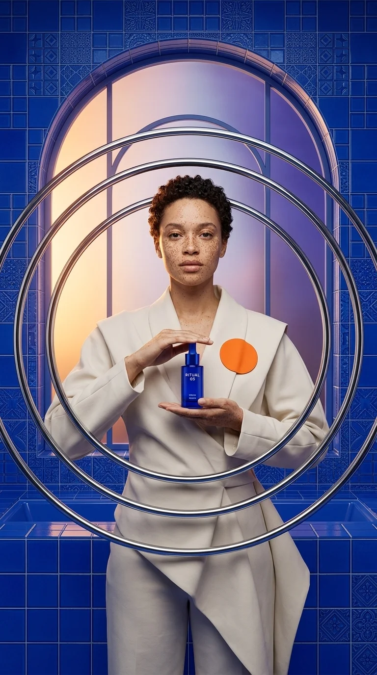 Editorial product shot of a serum bottle framed by concentric steel rings