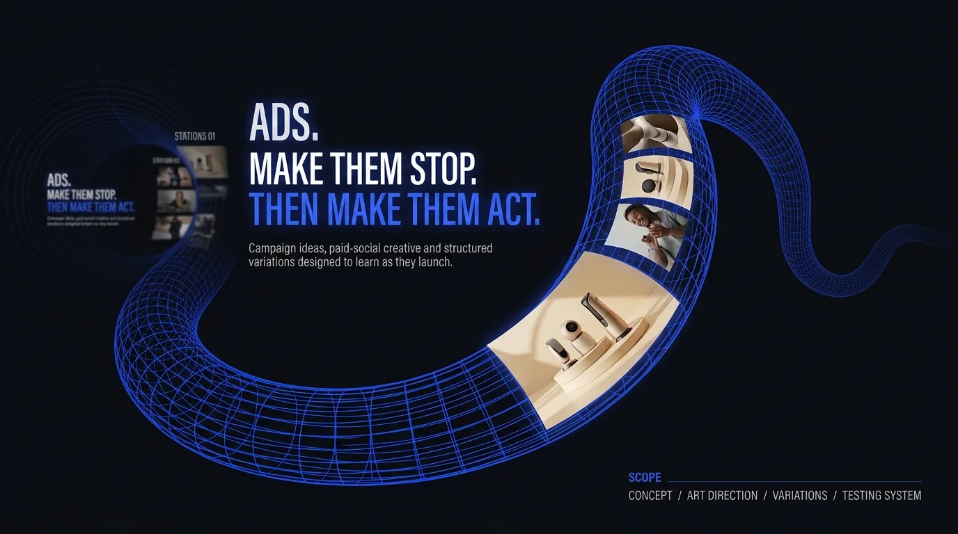 A blue wireframe tunnel with ad campaign screens
