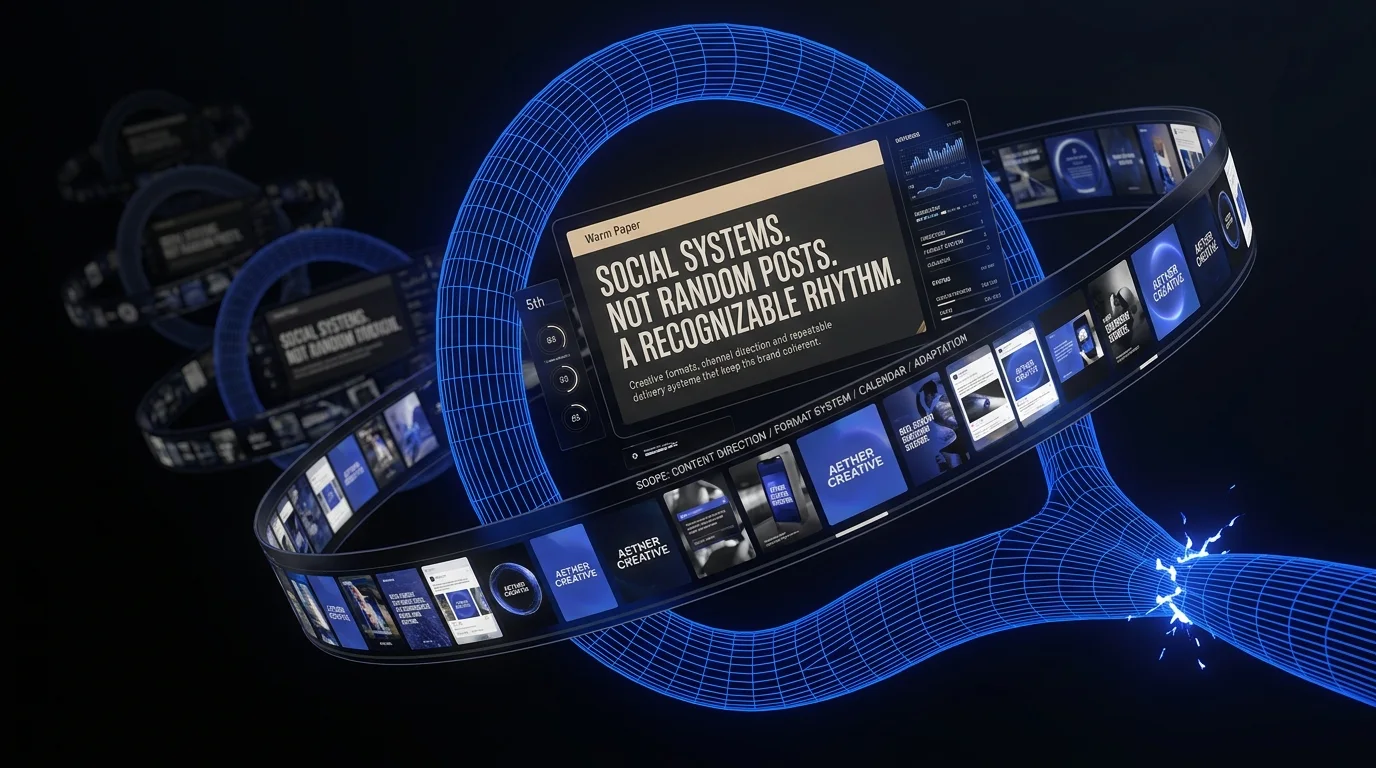 A blue wireframe tunnel of social content cards