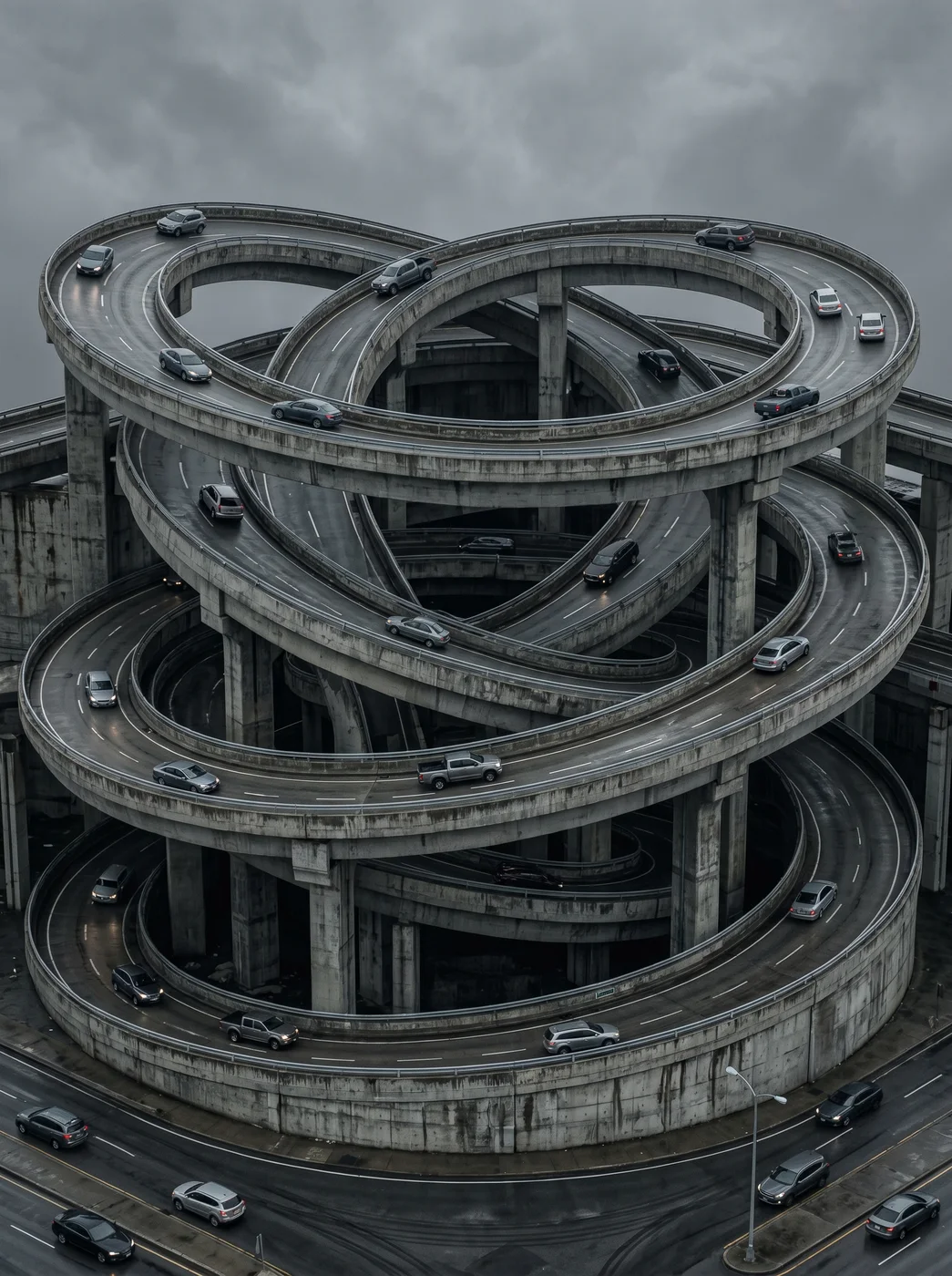 An impossible spiral highway interchange under a grey sky