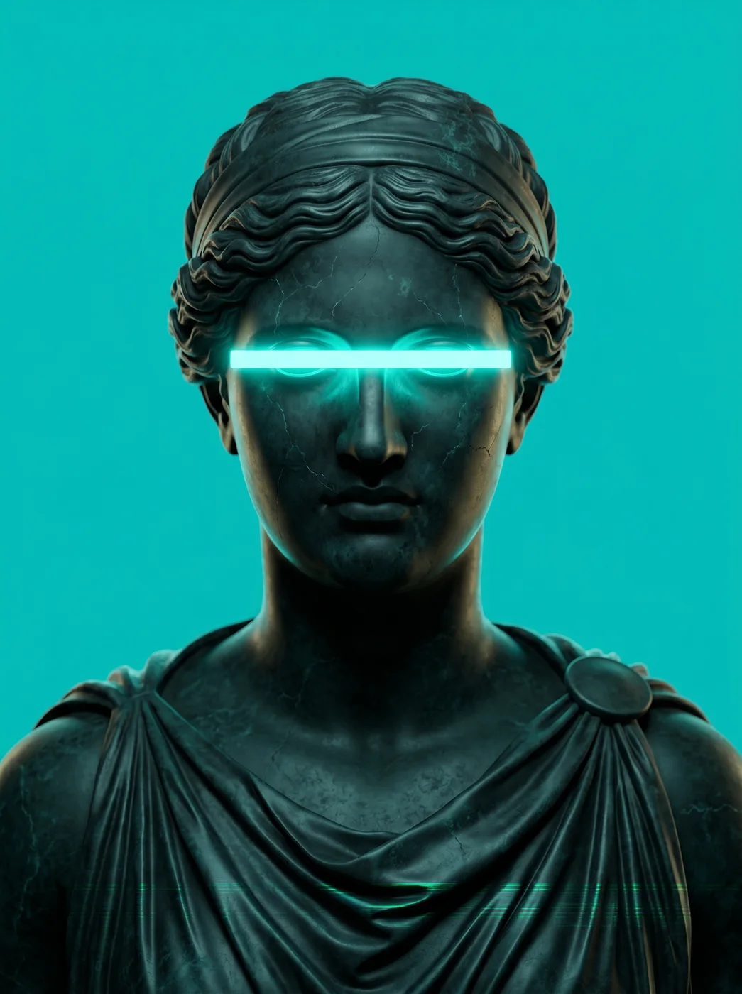 Classical bust with a glowing cyan visor