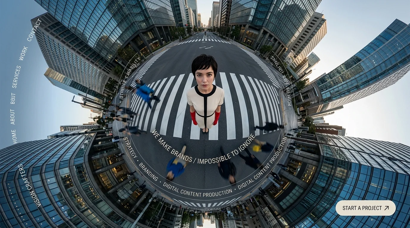 A 360-degree tiny-planet view of a woman standing in a city crosswalk
