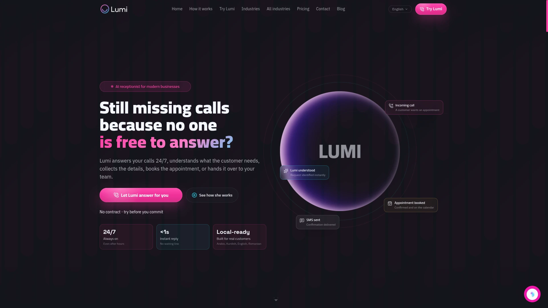 Lumi AI homepage with the WebGL orb